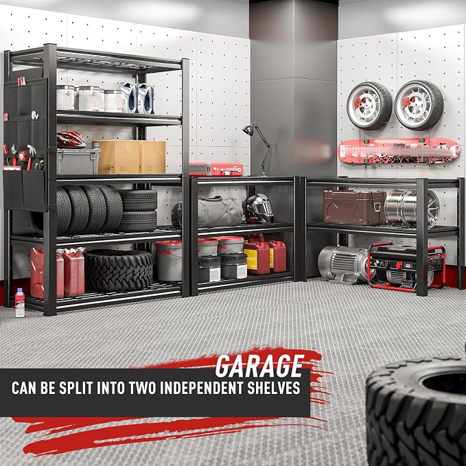 REIBII 37.9" W Storage Shelving with Tool Bag for Garage Workshop Basement | Wire Mesh Panel, Adjustable, Detachable, 5-Tier, Easy Assembly, for Homeowner and DIYer, 66.1" H x 37.9" W x 15.8" D, 2000Lbs