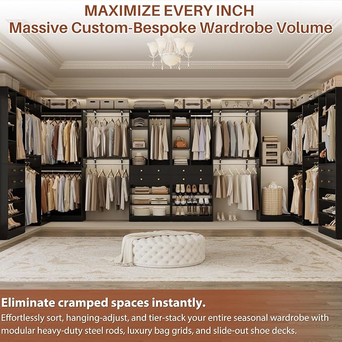 Closet System (Set of 3) with 4 Drawers, 8 Hanging Robs, 91.5"/151" Closet Organizer System with Corner Tower, Reversible Walk-in Closet System Corner Closet System, Black