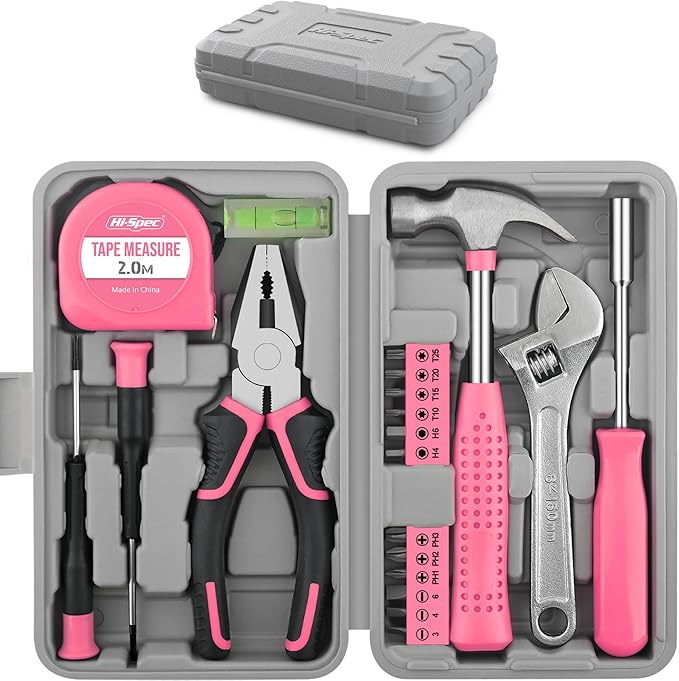 Hi-Spec Pink Tool Set 20-Piece. Ladies’ Starter Basic Hand Tools in a Compact Toolbox Case for Household and Office Repairs and Maintenance.