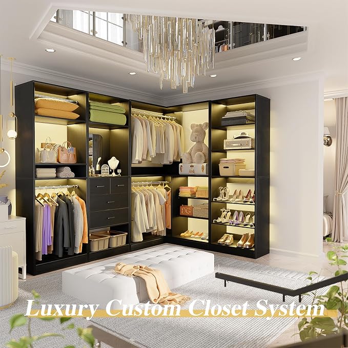 Unikito 110” Closet System with Drawers, Corner Closet Organizer with 4 Hanging Rods and Mirror Design, 9.3FT Reversible Large Wood L Shaped Walk in Closets Wardrobe with Shoe Shelves, Set of 4, Black