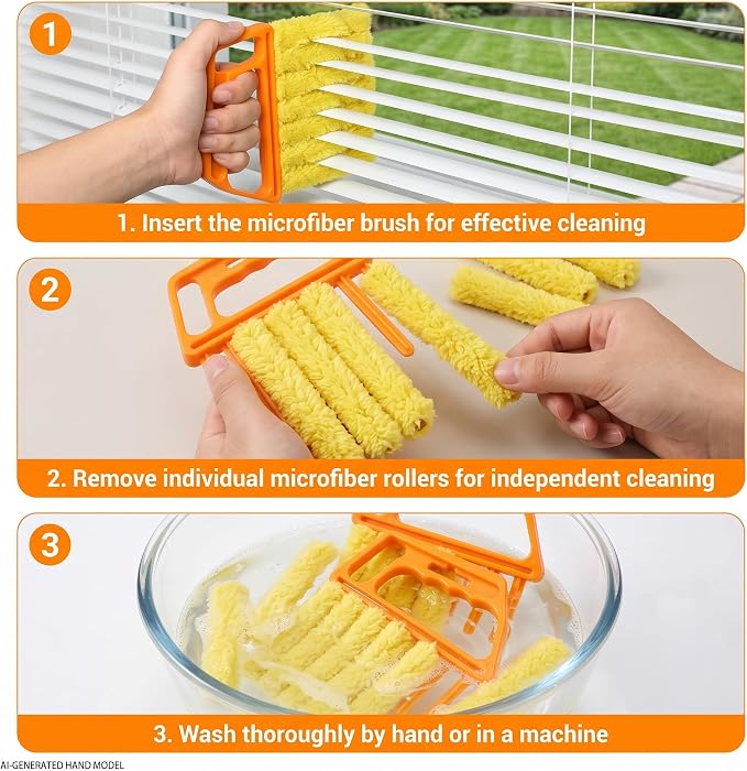 3-Pack Window Blind Cleaner Tool, 7-Finger Washable Microfiber Blind Duster for Multiple Slats, Mini Blind Cleaning Brush for Venetian Blinds, Air Vents and Fans, Orange