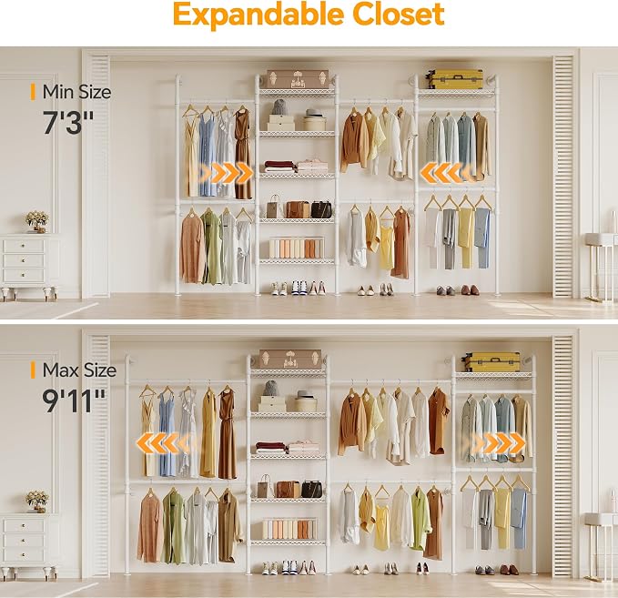 Higeego W4 Wall Mounted Closet System, Expandable Clothes Rack Heavy Duty Clothing Rack for Hanging Clothes, Industrial Pipe Closet Organizers for Reach in Closet, White