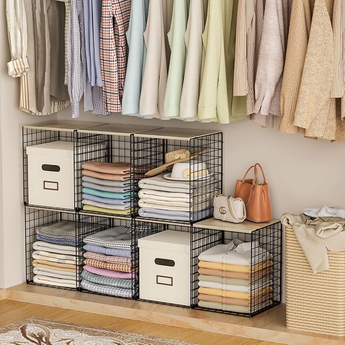 3-Pack Taller Closet Organizers and Storage with Wood Top, Stackable Wire Storage Bins for Clothes, Bags, Towels, Double Storage Design, Sturdy Metal Cube Shelf Organizer for Closet Wardrobe, Black
