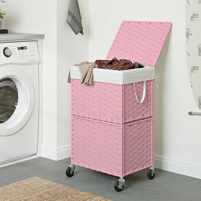 Chrislley Wicker Laundry Basket with Wheels,Rolling Laundry Hamper with Lid | 90L Slim Clothes Hamper with Wheels & Removable Liner Bag, Handwoven Rattan Laundry Organizer for Bedroom, Bathroom, Pink
