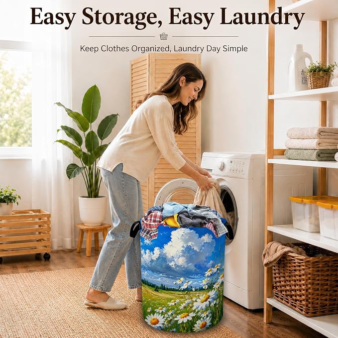 Sunny Daisy Meadow Laundry Basket with Handles, Foldable Tall Oxford Clothes Hamper, Lightweight Water-Resistant Storage Bin for Bedroom Bathroom College Dorm, 16 x 20.8 Inch