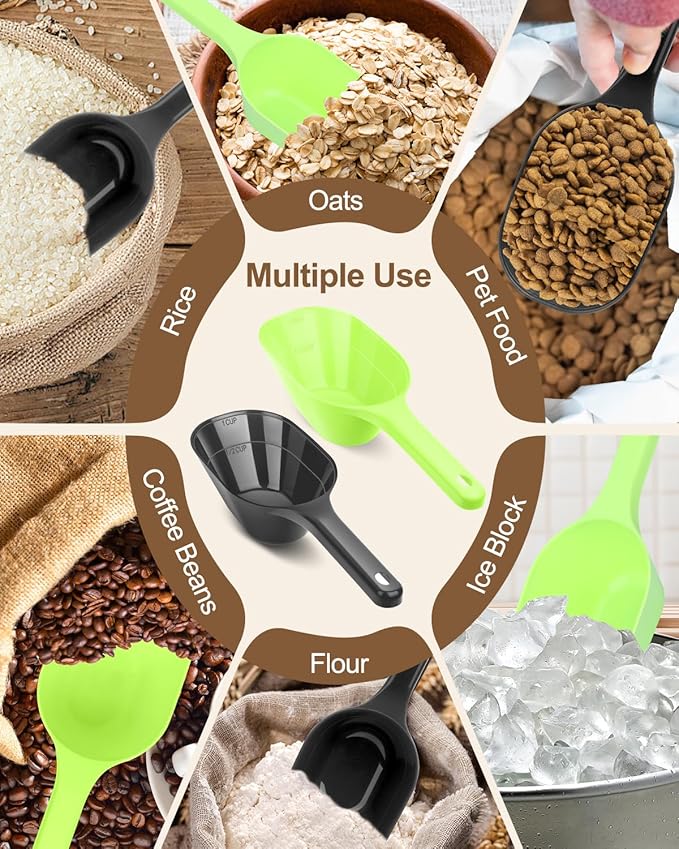 2PACK Dog-Cat Food-Scoop Measuring-Cup,1 Cup Capacity Versatile Plastic Pet Food Scoop with Measuring Lines 1 Cup and 1/2 Cup for Precise Portion Control (Black and Green)