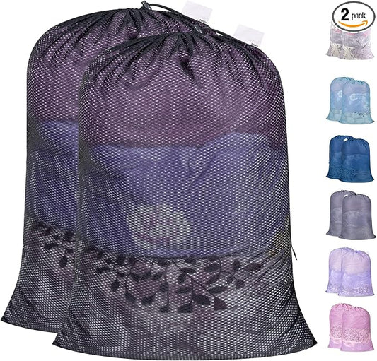 2 Pack Heavy Duty Diamond Mesh Laundry Bag, 30x36", Black | Drawstring & ID Tag, Breathable Mesh, Machine Washable, Commercial Grade, , For College Dorms, Travel, Sports Equipment