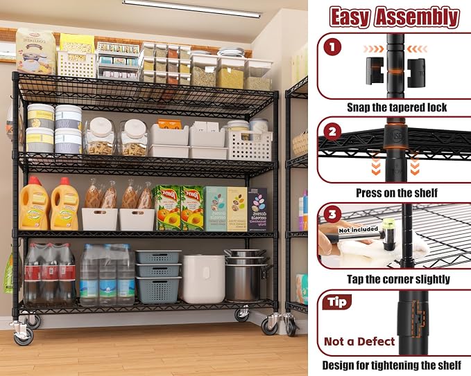 PrimeZone 2 Packs 55.5" W x 24" D x 80" H Heavy Duty Wire Storage Shelves with Wheels, 4 Tier Adjustable NSF Commercial Garage Shelving Unit, Rolling Metal Organizer Shelf Rack for Warehouse, Pantry