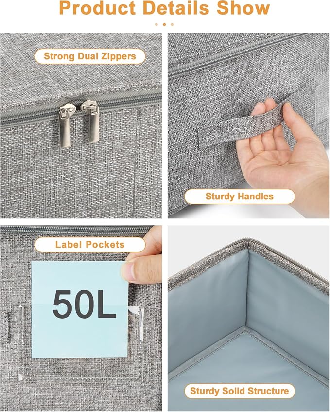 punemi Under Bed Storage, 3 Pack Underbed Storage Container Bags With Lid, Foldable Sturdy Clothes Storage Drawer Organizer W/ 3 Handles, Ultra Thick Fabric Blanket Shoe Storage Box, Grey | Rigid Sides & Bottom, 50L Large Capacity for Evening Gowns & H...