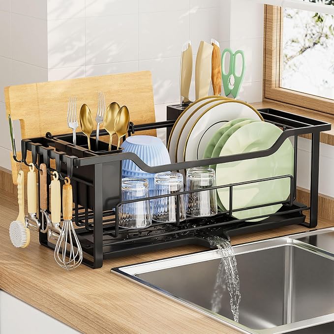 AIDERLY Narrow Dish Drying Rack Dish Drainer, Black | Auto Drain, Iron Construction, Removable Cutlery Basket, For Kitchen Counter