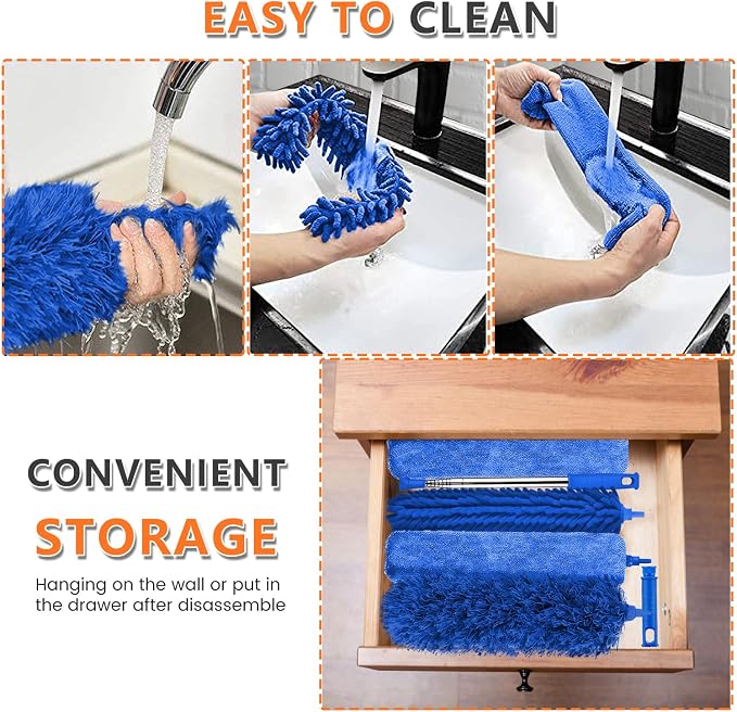 Bendable Microfiber Duster, Dusters for Cleaning Extendable(6PCS) | 100 Inch Telescopic Pole, Washable & Reusable, Stainless Steel Extension Pole, for High Ceiling, Fan, Blinds & Furniture
