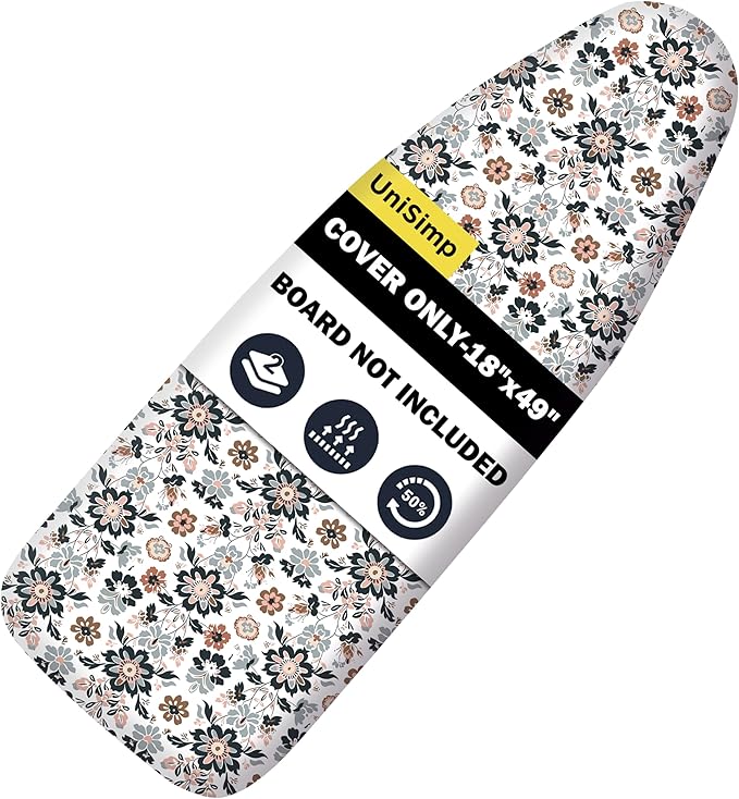 UniSimp Ironing Board Cover and Pad 18"x49" Extra Thick Natural Cotton,Scorch and Stain Resistant Iron Board Cover,Wide Ironing Board Cover with Fasteners Heavy Duty Heatproof Elastic Edge Floral