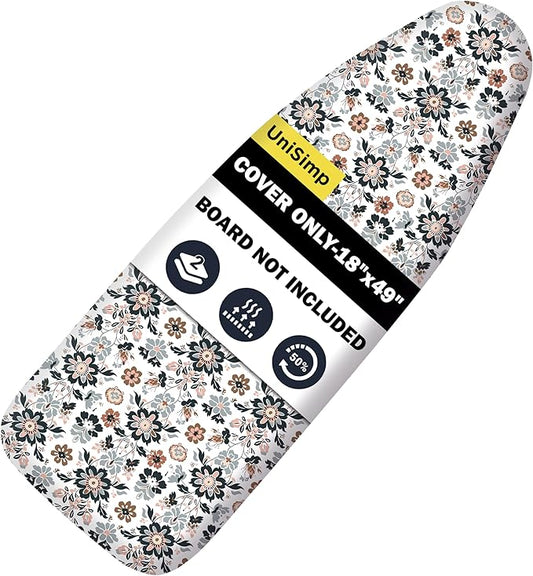 UniSimp Ironing Board Cover and Pad 18"x49" Extra Thick Natural Cotton,Scorch and Stain Resistant Iron Board Cover,Wide Ironing Board Cover with Fasteners Heavy Duty Heatproof Elastic Edge Floral