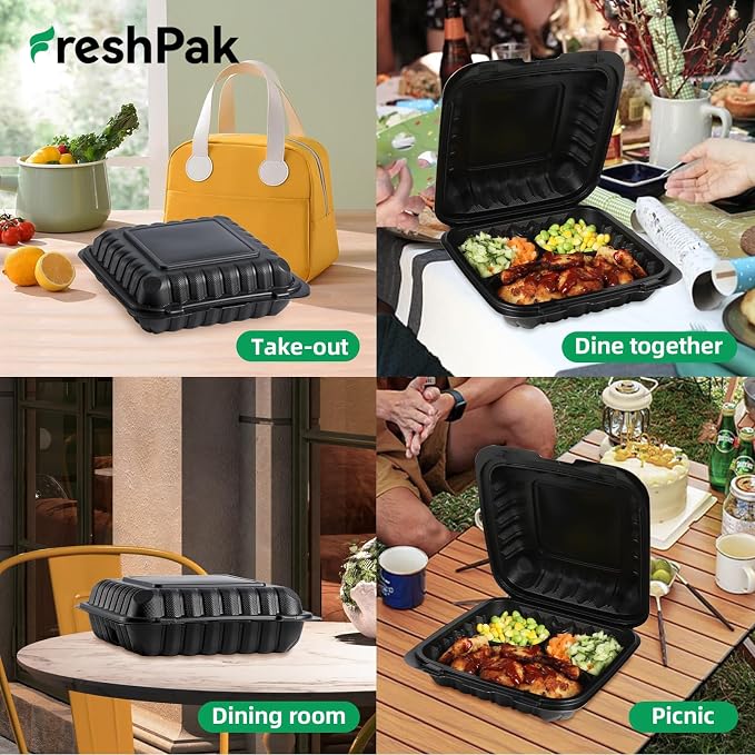 55-Pack 34oz 8x8 Black To Go Boxes - Shrink Wrapped Ready To Use | 3-Compartment MFPP Clamshell Container | Heavy Duty BPA Free, Microwave Safe | Takeout Box for Meal Prep, Leftover & Party