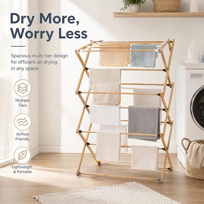 Foldable&Dismountable 3-Tier Bamboo Clothes Drying Rack, Multi-Tier Collapsible Laundry Hanger, Space Saving Garment Stand for Indoor Outdoor Balcony Bathroom. (Original, 28" D X 15" W X 39.3" H)