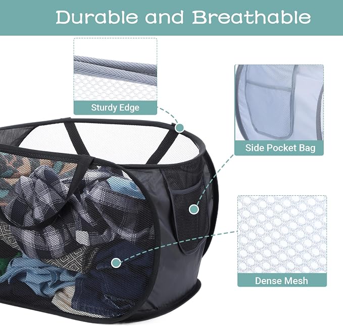 4 Pcs Popup Mesh Laundry Basket, Laundry Hamper with Side Pocket | Foldable, Heavy Duty, Storage Basket with Durable Handles for Bathroom, Travel, Dorm