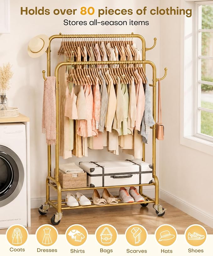 Homde Heavy Duty Clothes Rack: 265lb Rolling Double Rod Garment Hanging - Metal Coat Organizer Storage Display Shelf on Wheels for Bedroom Laundry