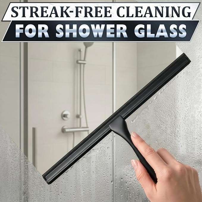 Shower Door Squeegee with Hook - 14" Silicone Blade, Stainless Steel Black Squeegee for Shower Glass with Adhesive Mount - All-Purpose Bathroom Tile, Mirror, & Window Wiper for Streak-Free Cleaning
