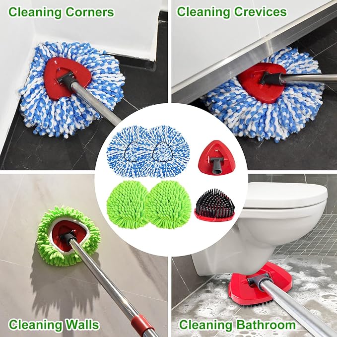 Mop Heads Replacements for Ocedar Easywring RinseClean 2 Tank Spin Mop Replace Heads for O Cedar 2 Tank Spin Mopping Sets Including 4 Pack Refills, 1 Pack Scrub Brush and 1 Base for All Floors Clean
