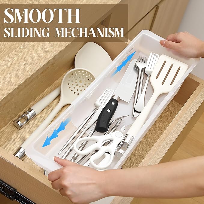 1 Pack Deep Drawer Organizer Bins, Adjustable Sliding Drawer Organizer Bin Expandable Tray for Kitchen Utensils, BBQ Tools, Towels, Durable Plastic Sliding for Easy Storage (17" to 27”)