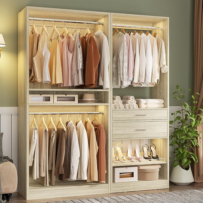 Unikito Closet System Set of 2, 5FT Closet Systems with 2 Wood Drawers, 61" Closet Organizer System with 3 Hanging Rods & 2 Shelves, Heavy Duty Walk-in Closet, White Oak (61" L x 16" W x 80" H)