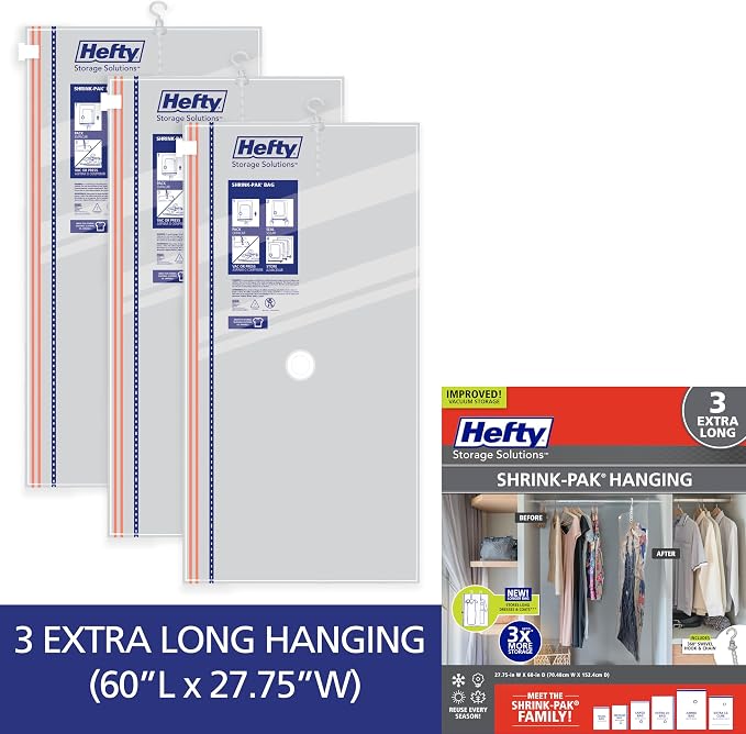 Hefty Hanging Compression Bags 3 Extra Long Vacuum Garment Storage Bags for Clothes, Travel, Closet Organization (60 X 27 Inches) (X-Large)