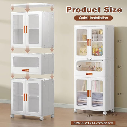 VECELO 226QT Stackable Storage Bins with Lids, Large Collapsible Storage Bins with Drawer and Movable Wheels, Adjustable Shelves, Anti-Tip, for Living Room, Bedroom, Kitchen, White