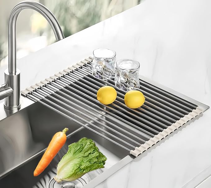 Roll Up Dish Drying Rack 17.7" x 15.8" Over The Sink Dish Drying Rack, Kitchen Dish Rack Stainless Steel Dish Drying Rack for Kitchen Sink Counter Storage (Grey)