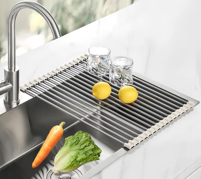 Roll Up Dish Drying Rack 17.7" x 11.8" Over The Sink Dish Drying Rack, Kitchen Dish Rack Stainless Steel Dish Drying Rack for Kitchen Sink Counter Storage (Grey)