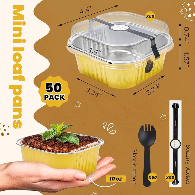 NPLUX 50 Pack Mini Cake Pans with Lids and Spoons Aluminum Foil Pans Square Cake Tins for Bakery Party Wedding, Graduation Gifts Party Favors(Gold,10 oz)