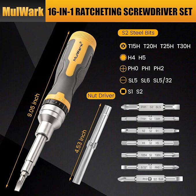Mulwark 16-in-1 Ratcheting Multi-Bit Screwdriver Set, S2 Steel Screwdriver with 1/4" & 5/16" Nut Drivers, Nickel Coated Anti-Rust screw driver, Max Torque Soft Handle for Home Repair & DIY