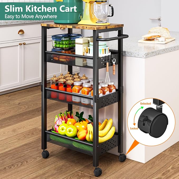 Vivihomety 4-Tier Laundry Utility Rolling Cart with Wheels, Kitchen & Bath | Narrow 8.1" wide, lockable wheels, wood top panel, metal frame, for laundry room, small spaces, pantry, tight gaps, Black