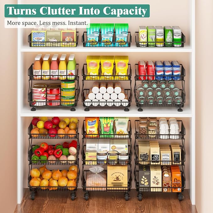 Giwil 3-Tier Rolling Pantry Organizers Fruit Vegetable Storage Basket Cart | 23.62"H under pantry shelf, metal frame, extra standing feet, kitchen produce wire basket for snack fruit onion potato, black
