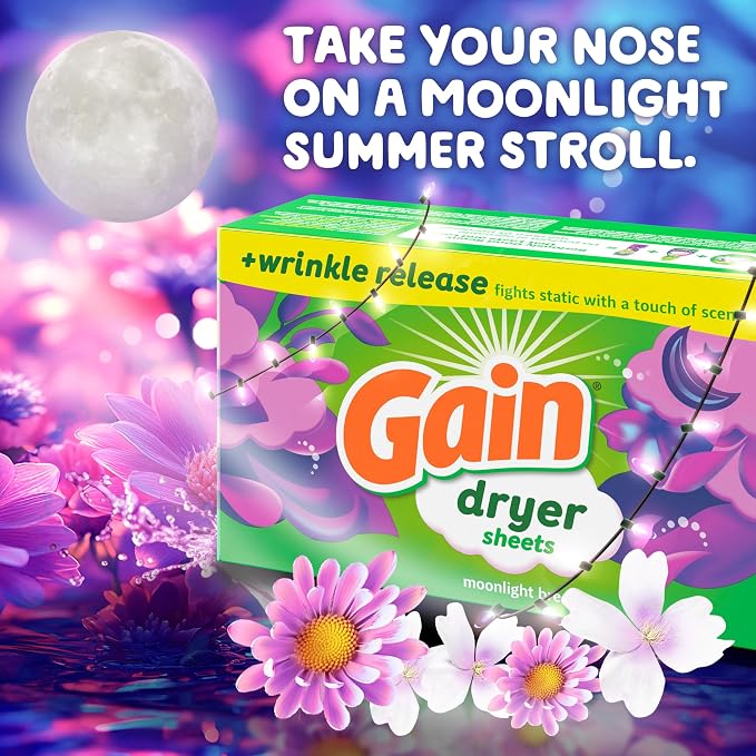 Gain dryer sheets Plus Wrinkle Release, Moonlight Breeze Scent, 120 Count, Fights static with a touch of scent, laundry sheets