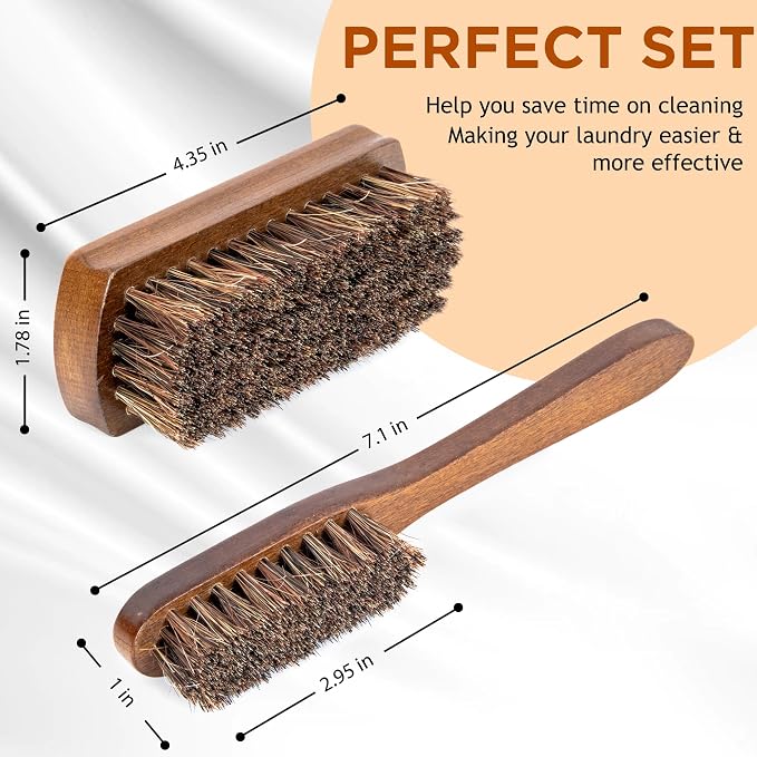TAKAVU Horse Hair Laundry Brush Set of 2, Soft Natural Bristle | Horsehair Stain & Scrub Brush for Clothes, Fabric & Upholstery, Gentle on Knits, Cotton & Linen, Washable