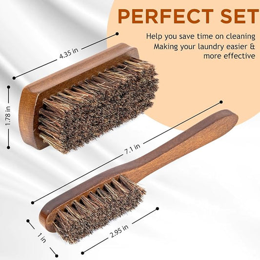 TAKAVU Horse Hair Laundry Brush Set of 2, Soft Natural Bristle | Horsehair Stain & Scrub Brush for Clothes, Fabric & Upholstery, Gentle on Knits, Cotton & Linen, Washable