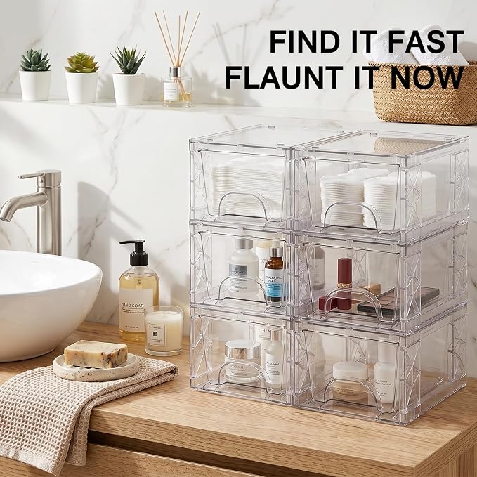 Stackable Storage Drawers 6 Pack 4.4in Clear Medicine Bins Organizer