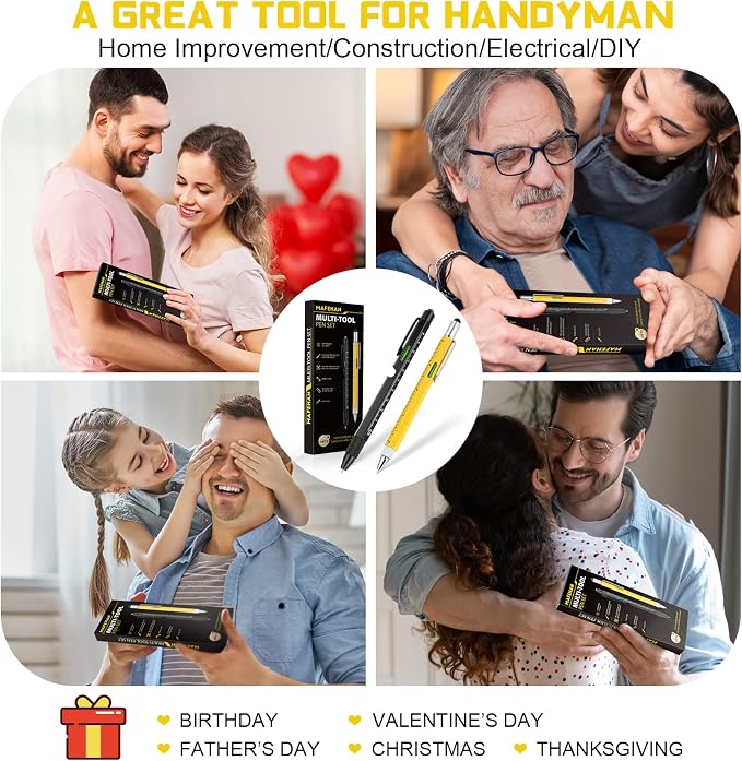 MAFEHAN 10-in-1 Multitool Pen Set, Gifts for Men Dad Husband Grandpa | LED tool pen gifts for men who have everything; aluminum EDC pen for writing, measuring, fixing and touchscreens.
