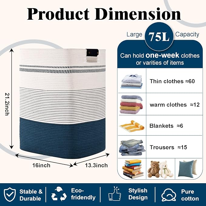 Laundry Hamper, 75L Tall Laundry Basket with Leather Handles, Rectangle Large Clothes Hamper for Organizing, Cotton Woven Laundry Baskets Storage Hampers for Bedroom, Nursery, Living Room