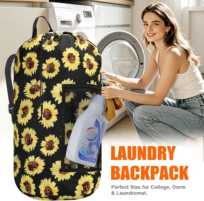 Laundry Bag Backpack Durable Laundry Bag with Shoulder Straps and Mesh Pockets Portable Laundry Hamper Dirty Clothes Bag for College, Travel, Laundromat, Apartment (Sunflower)