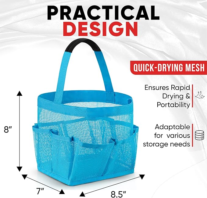 Masirs Mesh Shower Caddy – 9 Pocket Portable Shower Tote Bag for College Dorm Room Essentials, Quick-Dry Bathroom Organizer for Travel, Gym, Camping, Beach – Lightweight Collapsible Blue