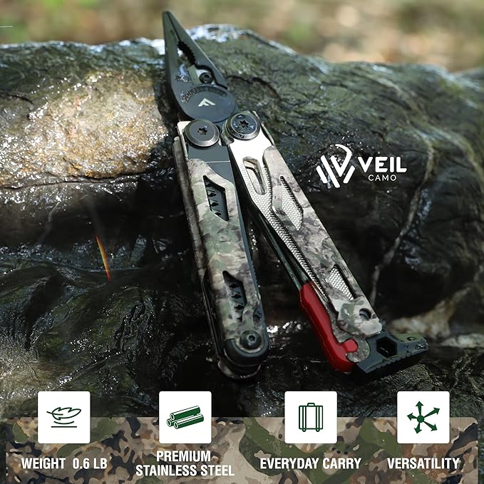 FLISSA 18-in-1 Camo EDC Multitool Pliers Fire Starter with Sheath | Equipped with Fire Starter, Window Breaker, Whistle, Stainless Steel, Perfect for Survival, Simple Repair, Camping