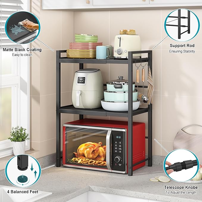 DOLALIKE Microwave Oven Rack, Expandable Microwave Stand Countertop Kitchen Utensils Tableware Storage, Carbon Steel Over Microwave Shelf Countertop with 3 Hooks | Adjustable Microwave Oven Rack Metal Storage Shelf with 3 Hooks for Pans Small Appliance...