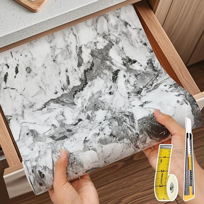 Drawer and Shelf Liner for Kitchen Cabinet: 12 in X 20 Ft Non Slip | Shelf Paper Non Adhesive Refrigerator Liners Grey and White Marble Easy Liners for Bathroom with Knife Tape Measure