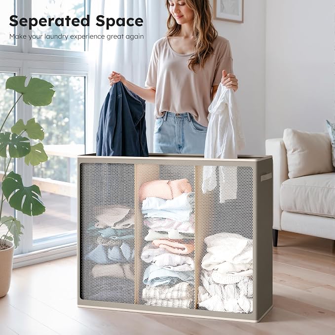 SOLEDI 180L 3-Section Laundry Hamper with Lid, Extra Large Dirty Clothes Basket with Sturdy Handles for Laundry Room & Bedroom - Durable Organizer for Sorting Laundry