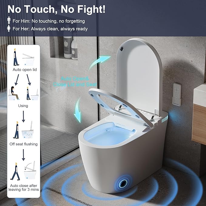 Smart Toilet with Bidet Built in, One Piece Bidet Toilet with Heated Seat & Dual Auto Flush, Foot Sensor, Warm Water Wash&Dry, Modern Electric Tankless Toilet for Bathroom with Auto Lid&Seat