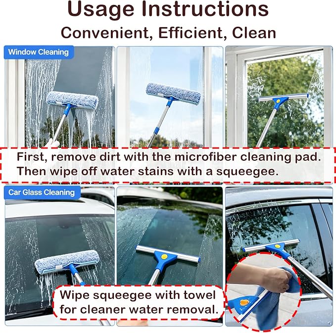 Window Cleaning Kit with 3 Gallon Bucket | 63" Long Handle 14" Window Squeegee & 15" Microfiber Scrubber, Multi‑Purpose Window Washing Tools for Home Car Outdoor Commercial
