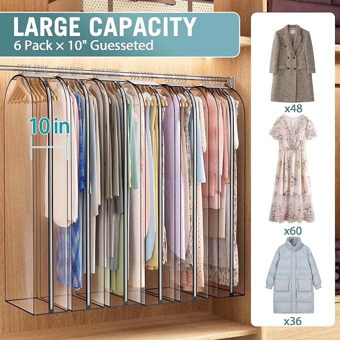 Liuoud Clear Garment Bag for Hanging Clothes 10” Gusseted, 60” Suit Bags for Open Closet Storage Plastic Clothes Cover for Coat, Dress, Shirts, Fur, Jacket, Wardrobe Protectors, 6 Pack