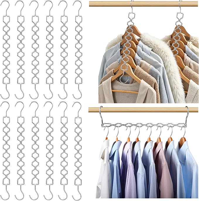 12 Pack Space Saving Hangers for Clothes, Sturdy Metal Hangers Heavy Duty | Magic Clothes Space Saver Hanger Organizer with 360° Swivel Hook, Closet Organizers and Storage Dorm Room Essentials Silver