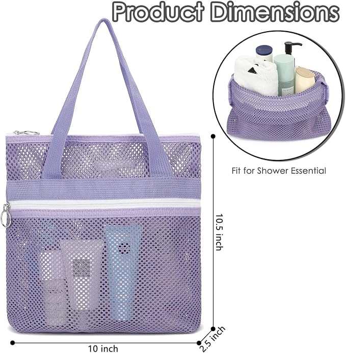 GYEUKHAM Portable Mesh Shower Caddy with 2 Zipper Pockets & Dual Handles, Quick-Drying Hanging Shower Tote for College Dorm, Gym, Travel & Camping, Purple